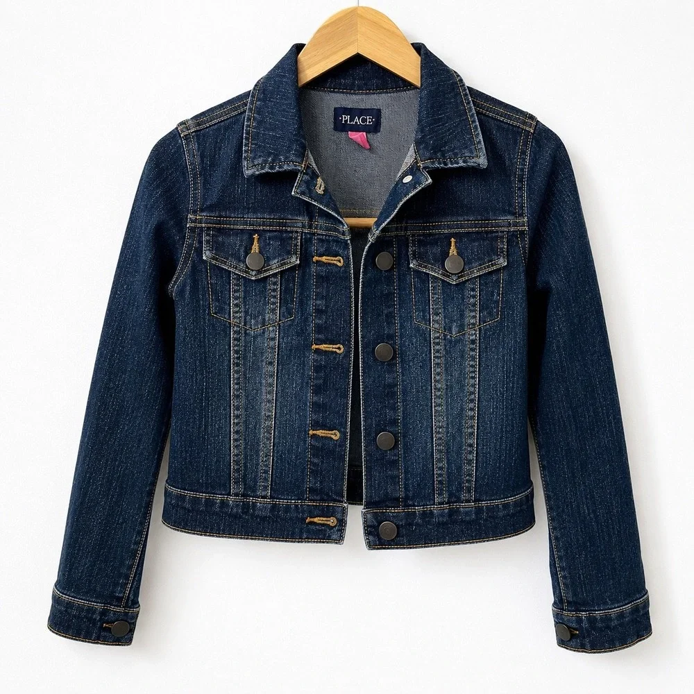 The Childrens Place Kids Denim Jacket Dark Wash Blue Trucker Size M 7/8 Stretch